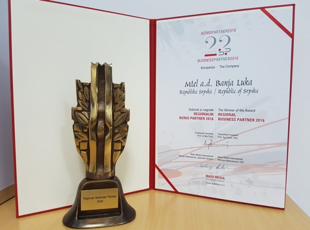 Kompanija Mtel dobitnik regionalne nagrade Biznis Partner 2016