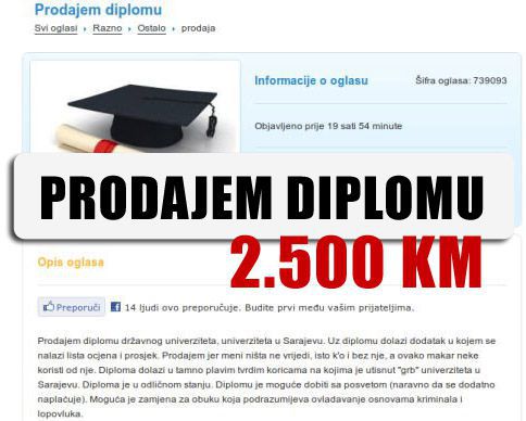 OGLAS: Prodajem diplomu 2.500 KM!