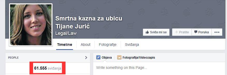 Facebook stranica: "Smrtna kazna za ubicu Tijane Jurić" za nekoliko sati 60.000 fanova!