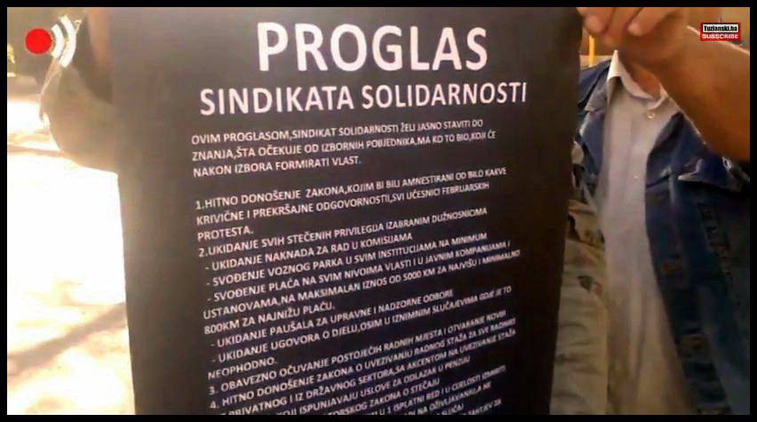 Proglas Sindikata Solidarnosti: 100 dana rok za ispunjenje zahtjeva, u suprotnom slijedi nastavak februarskih protesta!