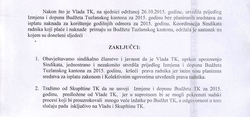 Savez samostalnih sindikata TK: Ukoliko Skupština usvoji ukidanje regresa, slijede sudski procesi