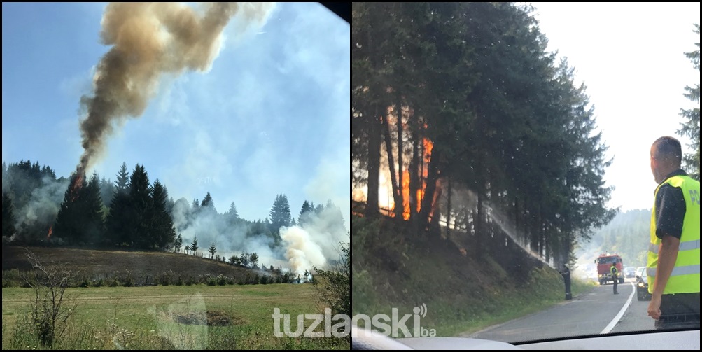 Sarajevo-Tuzla: Automobil u potpunosti izgorio, požar zahvatio nisko rastinje (VIDEO)