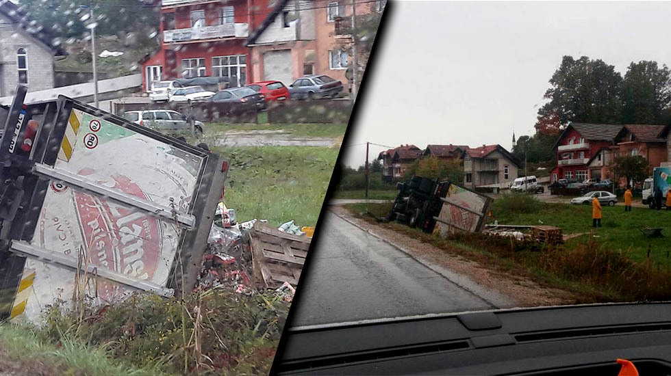 Šićki Brod: Prevrnuo se kamion Tuzlanske pivare, vozač prevezen u UKC Tuzla