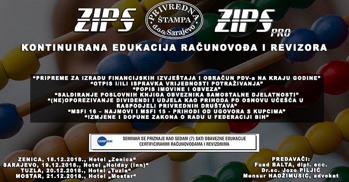 Kontinuirana edukacija računovođa i revizora: Peti ciklus ZIPSpro seminara 20. decembra u Tuzli