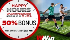 WWin nagrađuje: Happy Hours - 50% bonusa na sve uplate danas!