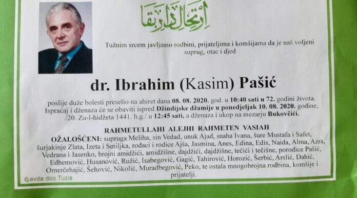 Danas u Tuzli preminuo prim. dr. Ibrahim Pašić