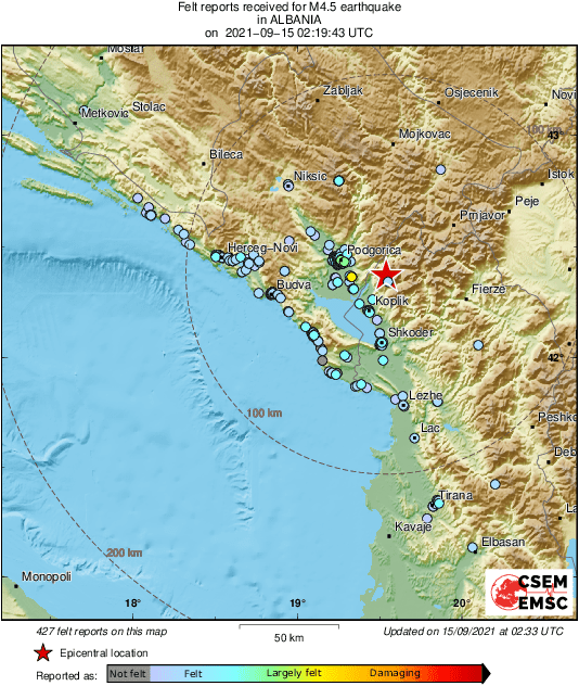 Zemljotres na granici između Crne Gore i Albanije, nedaleko od Podgorice