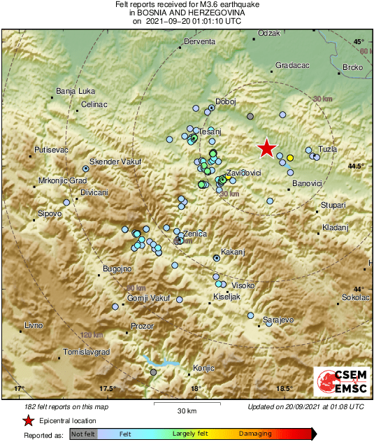 Zemljotres u BiH: Epicentar bio na području Tuzlanskog kantona