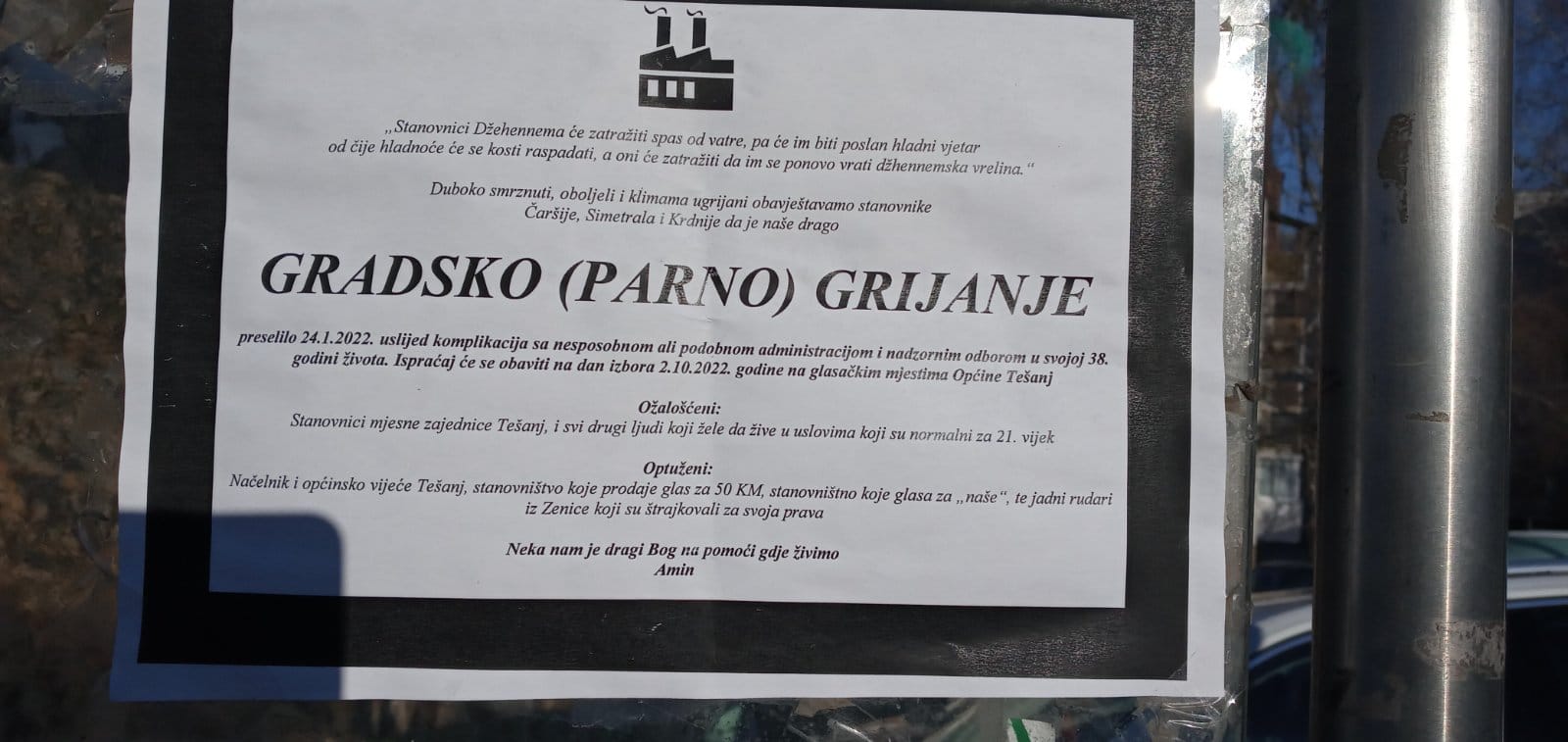 Građani Tešnja objavili smrtovnicu grijanju, posljednji ispraćaj na dan izbora