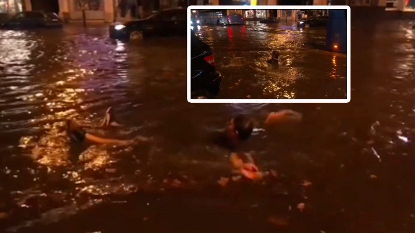 Hit snimak iz Novog Sada: Muškarac se rashladio u bujici koja je tekla ulicom, zaplivao leđni stil