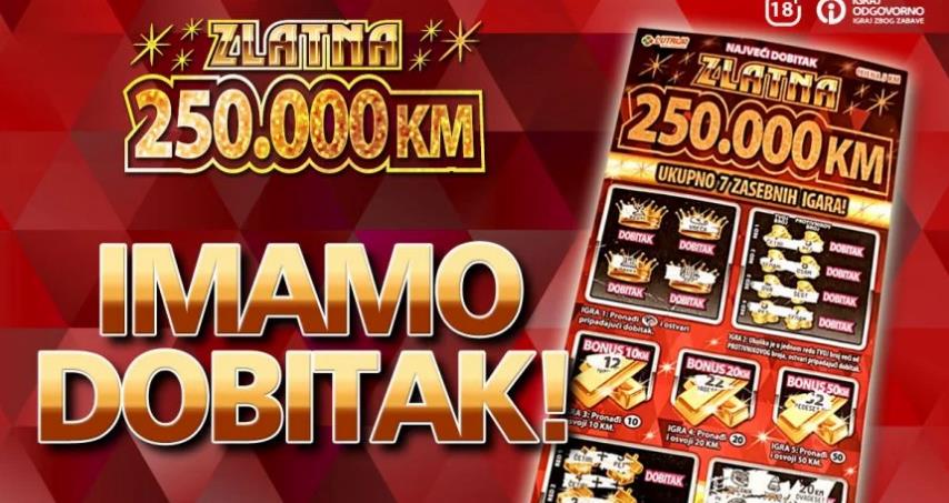 Lutrija BiH: Igrač iz Gradačca osvojio dobitak od 250.000 KM na srećki Zlatna