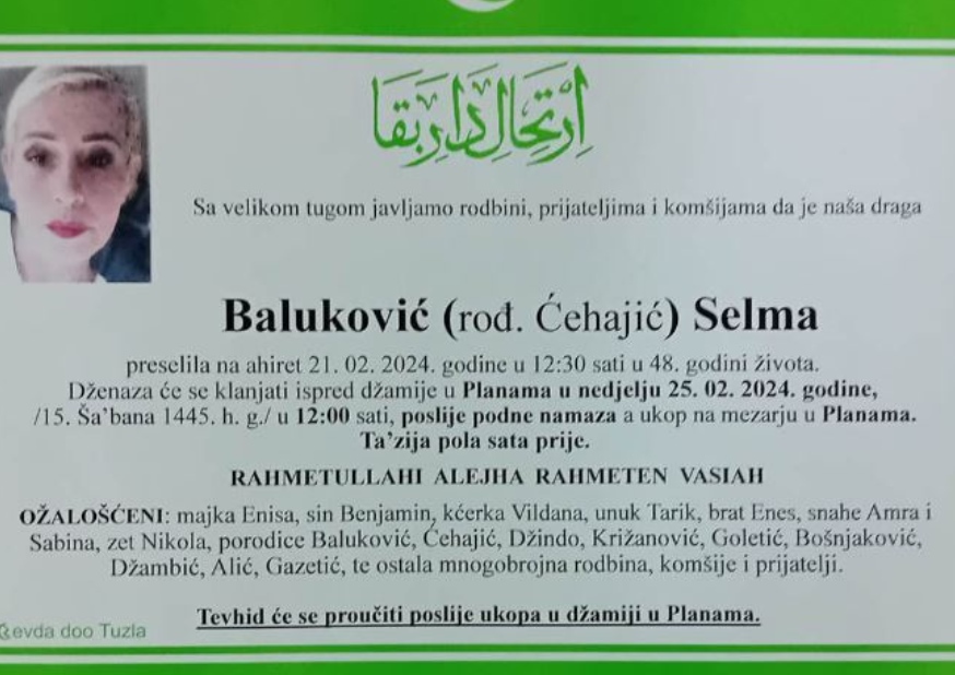 U nedjelju posljednji ispraćaj Selme Baluković koju je usmrtio partner u Lipnici