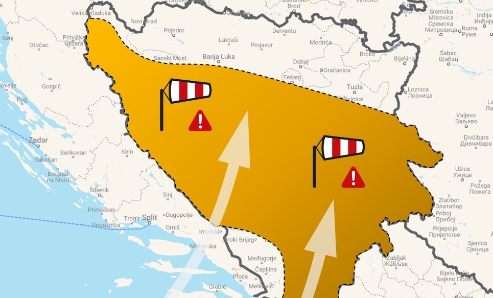 U Bosni i Hercegovini izdato narandžasto upozorenje za vjetar južnog smjera