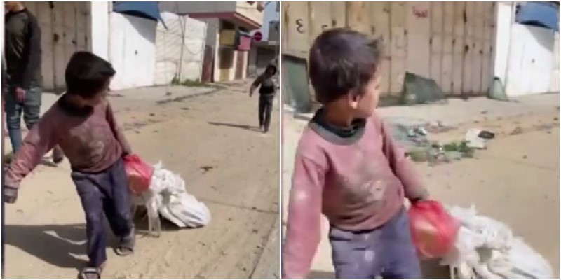 Srceparajuće scene iz Gaze: Dječak vuče vreću brašna koju je dobio od humanitarnih organizacija
