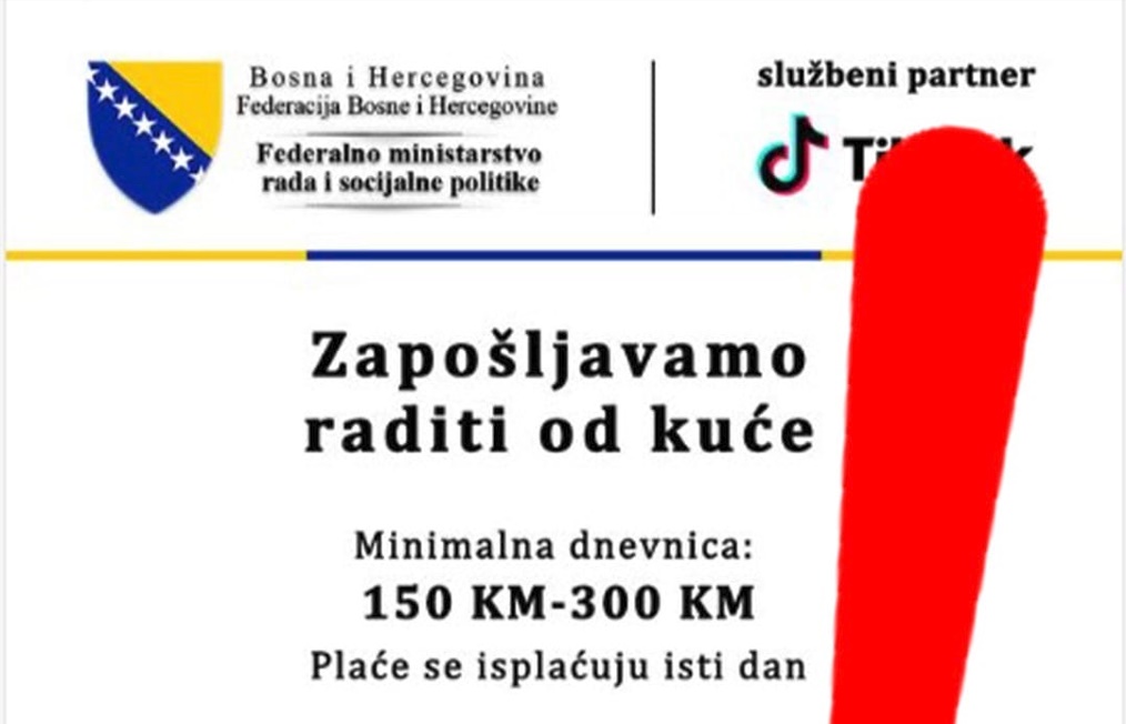 Ministarstvo rada i socijalne politike FBiH upozorilo na lažni oglas koji se širi društvenim mrežama